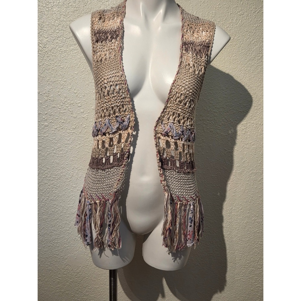 BKE Womens Crochet Knit Fringe Vest Tan Beige Boho Open Front Sleeveless Size L